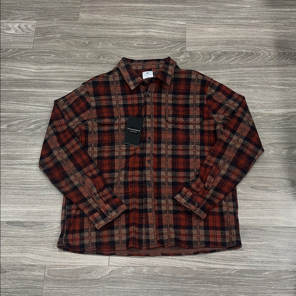 7 Diamonds Orange, Black & Tan Plaid Button-Up